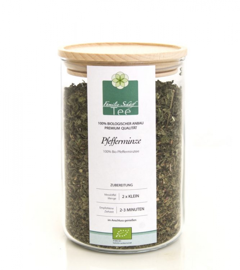 schaerf-tee-aromaglas-Pfefferminze Familie Schärf Bio Tee Pfefferminze